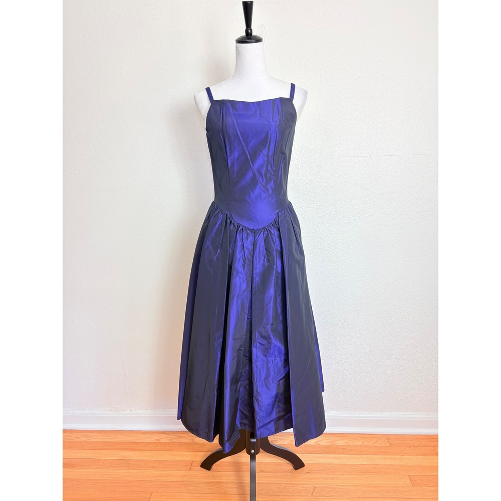 80s Vintage Dark Purple Taffeta Sleeveless Basque Waist Midi Dress Size Medium